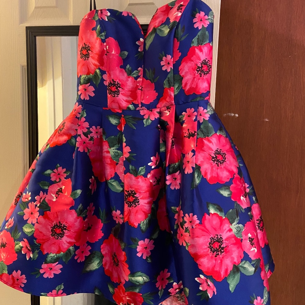 Blue Floral Strapless Dress